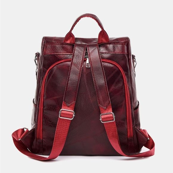 Wine Red PU Vegan Leather Backpack Purse Bag Multi Pocket main image 4